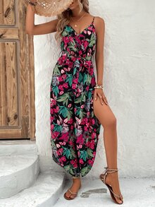SHEIN VCAY Tropical Print Belted Cami Jumpsuit - Black - View 5