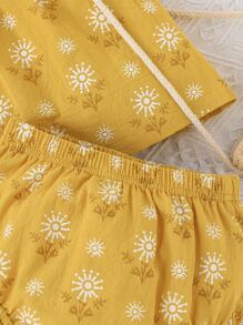 Baby Floral Print Guipure Lace Ruffle Trim Blouse & Shorts - Mustard Yellow - View 6