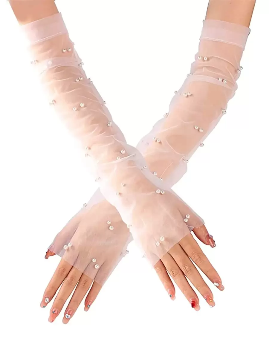 1pair Faux Pearl Decor Bridal Arm Sleeves Romantic White Gloves,For Summer Wedding Dress Autumn Accessories