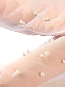1pair Faux Pearl Decor Bridal Arm Sleeves Romantic White Gloves,For Summer Wedding Dress Autumn Accessories