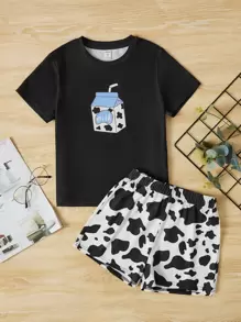 SHEIN Leap Crew Tween Girl Cow Print Tee & Shorts PJ Set - Black and White - View 1