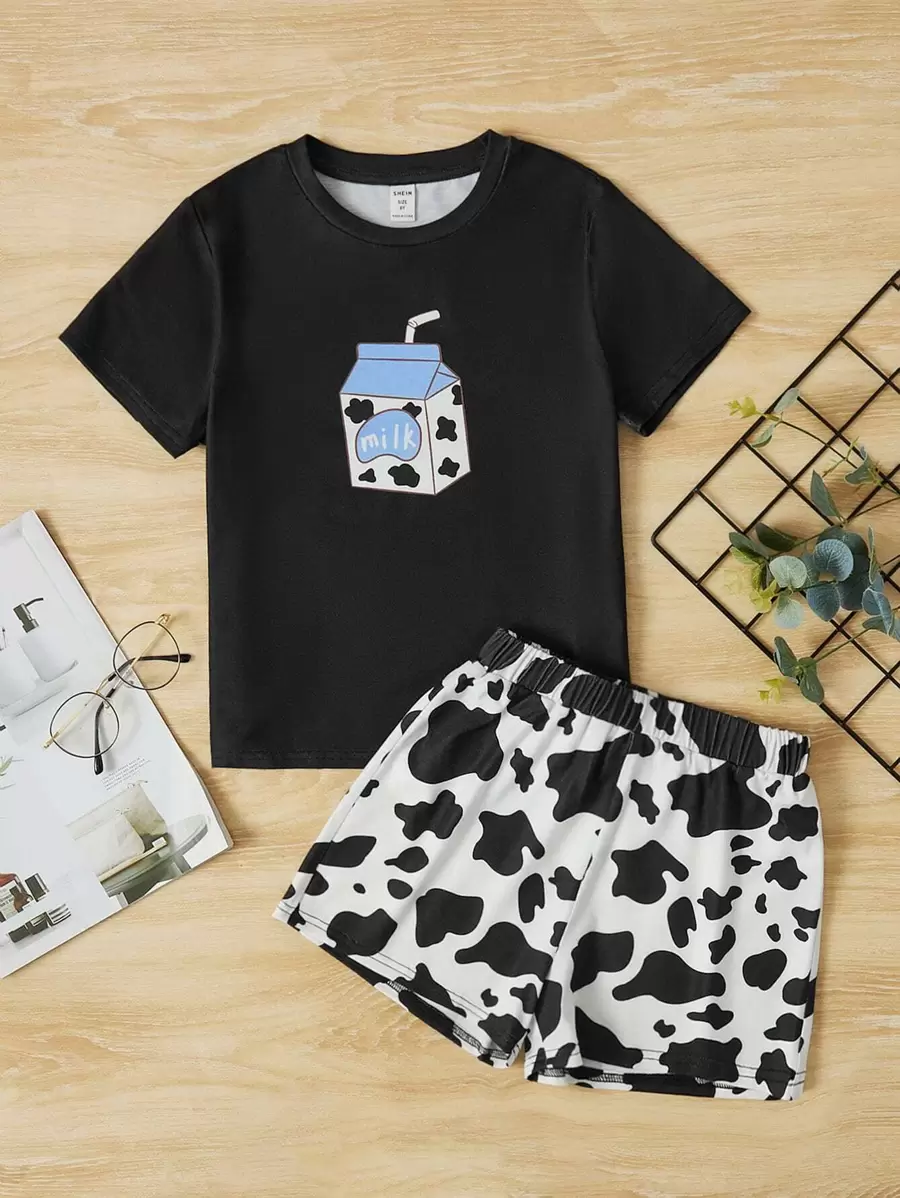 SHEIN Leap Crew Tween Girl Cow Print Tee & Shorts PJ Set - Black and White - View 1