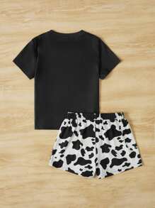 SHEIN Leap Crew Tween Girl Cow Print Tee & Shorts PJ Set - Black and White - View 2