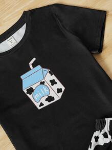 SHEIN Leap Crew Tween Girl Cow Print Tee & Shorts PJ Set - Black and White - View 3
