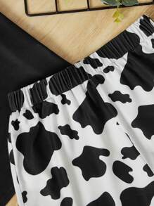 SHEIN Leap Crew Tween Girl Cow Print Tee & Shorts PJ Set - Black and White - View 4