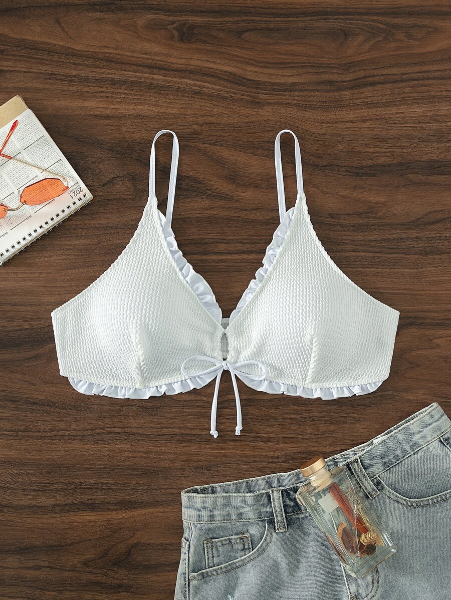 SHEIN Swim Curve 大碼褶邊前抽繩比基尼泳裝上衣 - 白色 - 查看 1