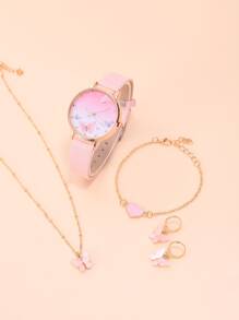 1pc Butterfly Print Dial Quartz Watch & 4pcs Jewelry Set - Pink - View 2