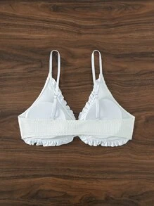 SHEIN Swim Curve 大碼褶邊前抽繩比基尼泳裝上衣 - 白色 - 查看 2