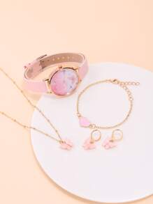 1pc Butterfly Print Dial Quartz Watch & 4pcs Jewelry Set - Pink - View 3