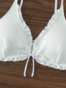 SHEIN Swim Curve 大碼褶邊前抽繩比基尼泳裝上衣 - 白色 - 查看 3