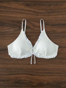 SHEIN Swim Curve 大碼褶邊前抽繩比基尼泳裝上衣 - 白色 - 查看 4