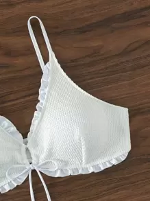 SHEIN Swim Curve 大碼褶邊前抽繩比基尼泳裝上衣 - 白色 - 查看 5