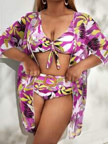 Plus Size 3packs Tropical Print Tie Front Bikini Set Summer Beach - Multicolor - View 3