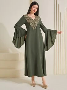 Al Najma 刺繡貼花荷葉袖連衣裙 - 軍綠色 - 查看 1