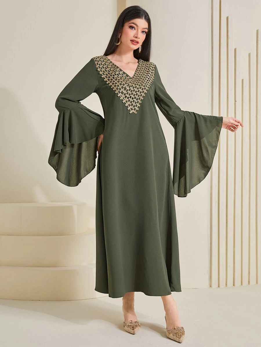 Al Najma 刺繡貼花荷葉袖連衣裙 - 軍綠色 - 查看 1