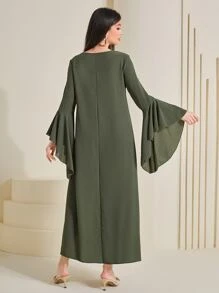 Al Najma 刺繡貼花荷葉袖連衣裙 - 軍綠色 - 查看 2