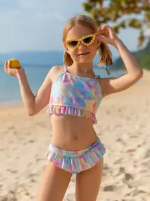 Conjunto de bikini con volantes en el bajo efecto teñido anudado para niña preadolescente, playa de verano - Multicolor - Ver 3