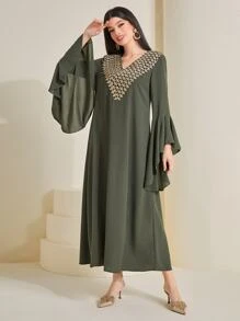 Al Najma 刺繡貼花荷葉袖連衣裙 - 軍綠色 - 查看 3