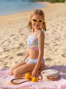 Conjunto de bikini con volantes en el bajo efecto teñido anudado para niña preadolescente, playa de verano - Multicolor - Ver 4