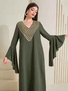 Al Najma 刺繡貼花荷葉袖連衣裙 - 軍綠色 - 查看 5