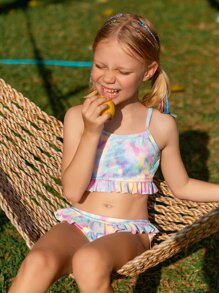 Conjunto de bikini con volantes en el bajo efecto teñido anudado para niña preadolescente, playa de verano - Multicolor - Ver 6