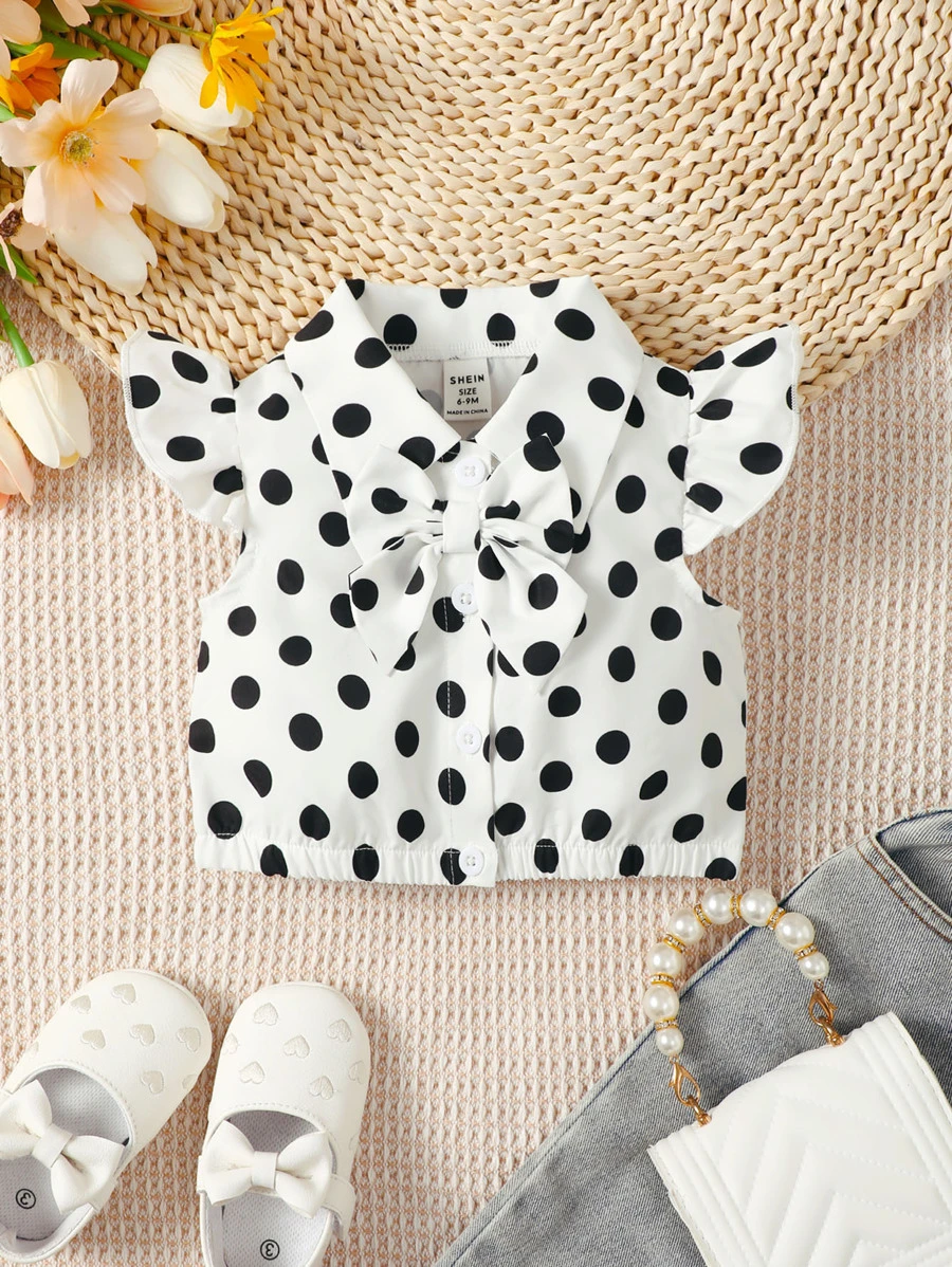 Baby Polka Dot Print Ruffle Trim Bow Front Shirt - White - View 1