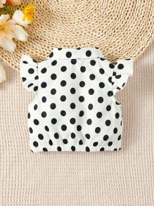 Baby Polka Dot Print Ruffle Trim Bow Front Shirt - White - View 2