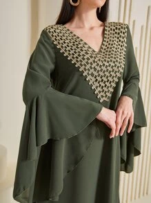 Al Najma 刺繡貼花荷葉袖連衣裙 - 軍綠色 - 查看 6