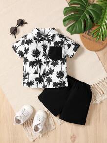 寶寶男童夏季度假椰樹印花襯衫和純色短褲套裝 - 黑與白 - 查看 1