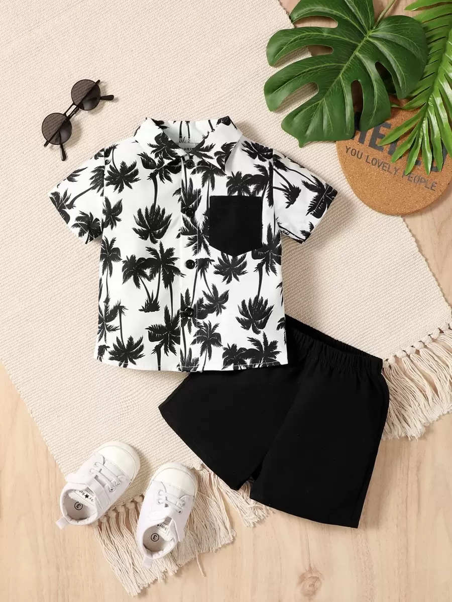 寶寶男童夏季度假椰樹印花襯衫和純色短褲套裝 - 黑與白 - 查看 1