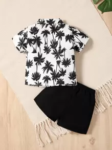 寶寶男童夏季度假椰樹印花襯衫和純色短褲套裝 - 黑與白 - 查看 2