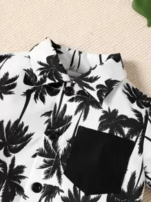 寶寶男童夏季度假椰樹印花襯衫和純色短褲套裝 - 黑與白 - 查看 3