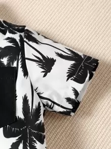 寶寶男童夏季度假椰樹印花襯衫和純色短褲套裝 - 黑與白 - 查看 5