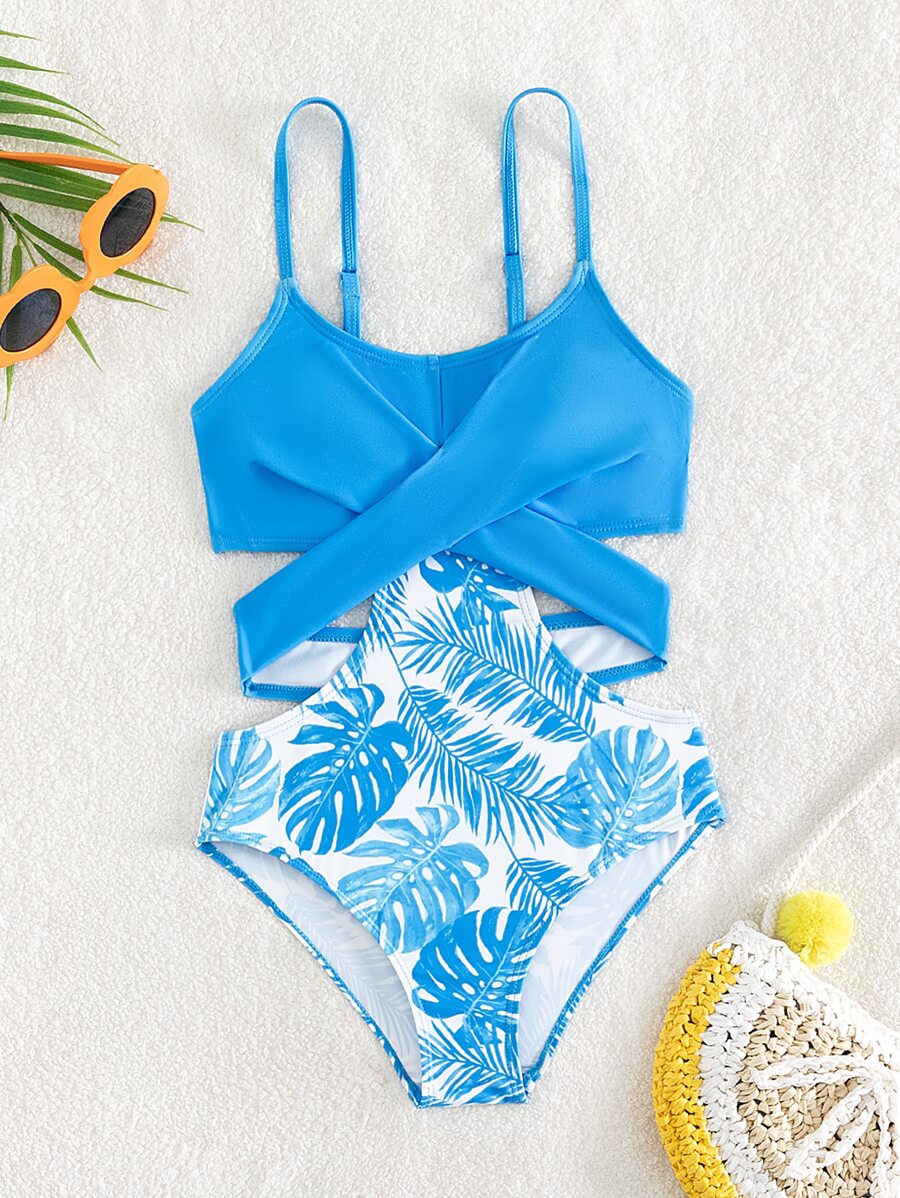 Tween Girl Tropical Print Cut Out One Piece Swimsuit - Blue and White - View 1