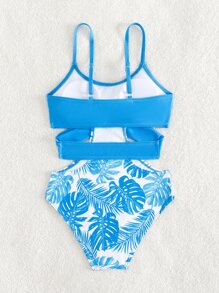 Tween Girl Tropical Print Cut Out One Piece Swimsuit - Blue and White - View 2