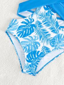 Tween Girl Tropical Print Cut Out One Piece Swimsuit - Blue and White - View 4