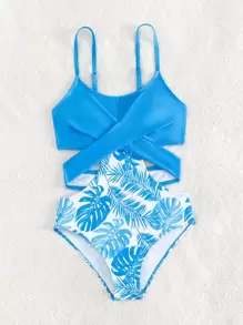 Tween Girl Tropical Print Cut Out One Piece Swimsuit - Blue and White - View 5