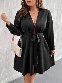 Celure 大碼素色前繫帶連衣裙 - 黑色 - 查看 4