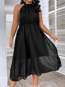 SHEIN Holidaya Plus Swiss Dot Halter Neck A-line Dress - Black - View 2