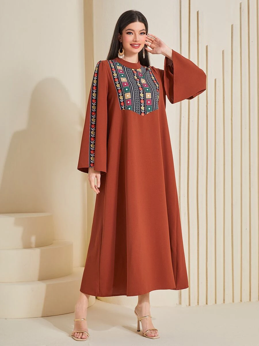 Al Najma Geo Print Flounce Sleeve Tunic Dress - Burnt Orange - View 1
