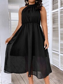 SHEIN Holidaya Plus Swiss Dot Halter Neck A-line Dress - Black - View 4