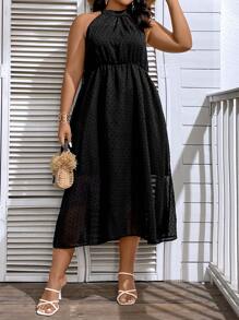 SHEIN Holidaya Plus Swiss Dot Halter Neck A-line Dress - Black - View 5
