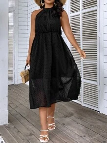SHEIN Holidaya Plus Swiss Dot Halter Neck A-line Dress - Black - View 6