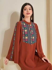Al Najma Geo Print Flounce Sleeve Tunic Dress - Burnt Orange - View 5