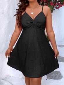 SHEIN Clasi Plus Size V-Neck Twist Wrap Cami Midi Dress, Casual Vacation Outings - Black - View 3