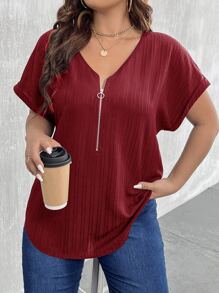 SHEIN LUNE Plus Size V-Neck Zipper Decor Textured Fabric Cuff Folding Edge Short Sleeve Casual Shirt - Burgundy - View 1