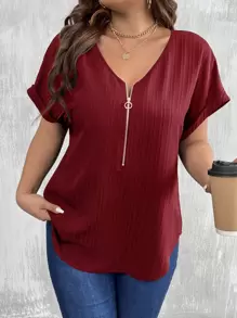 SHEIN LUNE Plus Size V-Neck Zipper Decor Textured Fabric Cuff Folding Edge Short Sleeve Casual Shirt - Burgundy - View 3