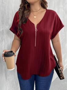 SHEIN LUNE Plus Size V-Neck Zipper Decor Textured Fabric Cuff Folding Edge Short Sleeve Casual Shirt - Burgundy - View 4