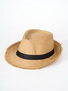 男士織帶裝飾草編帽 - 卡其色 - 查看 1