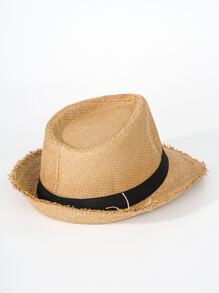 男士織帶裝飾草編帽 - 卡其色 - 查看 2